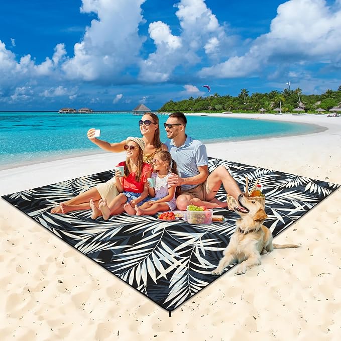 HIHOHO Beach Blanket Waterproof Sandproof Beach Mat 79”x 83” for 1-8 Adults Quick Drying Durable Outdoor Picnic Mat for Beach Festival Travel Camping Hiking (BK&W-Palm, 79"×83"(4 Person)) - Image 2