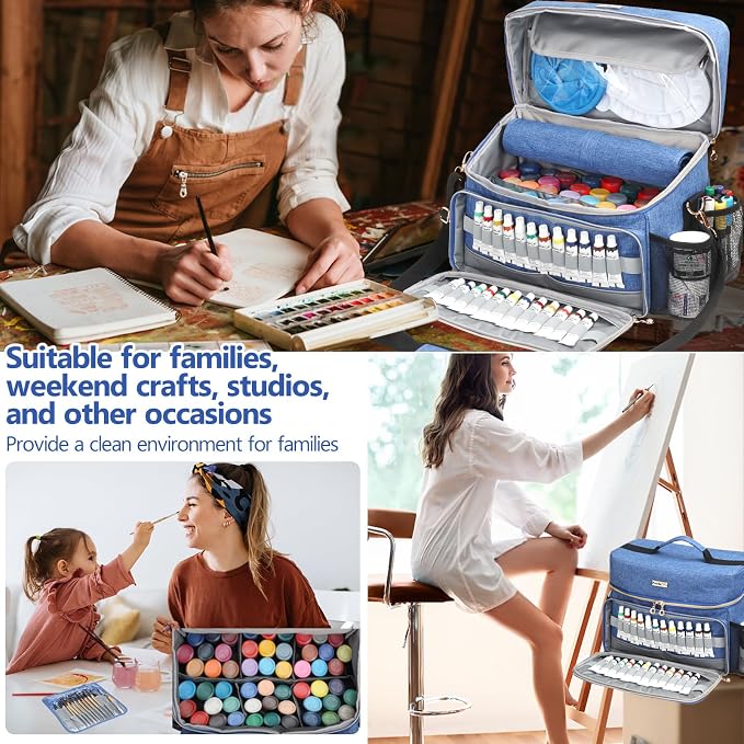 Art Supplies Organizer Storage Bag with Detachable Paint Brush Holder & Partition - Carrying Case for Home/Travel/Outdoor Fits Marks, Acrylic Paint, Palettes, Folding Buckets, Portfolios (Pro Blue) - Image 6
