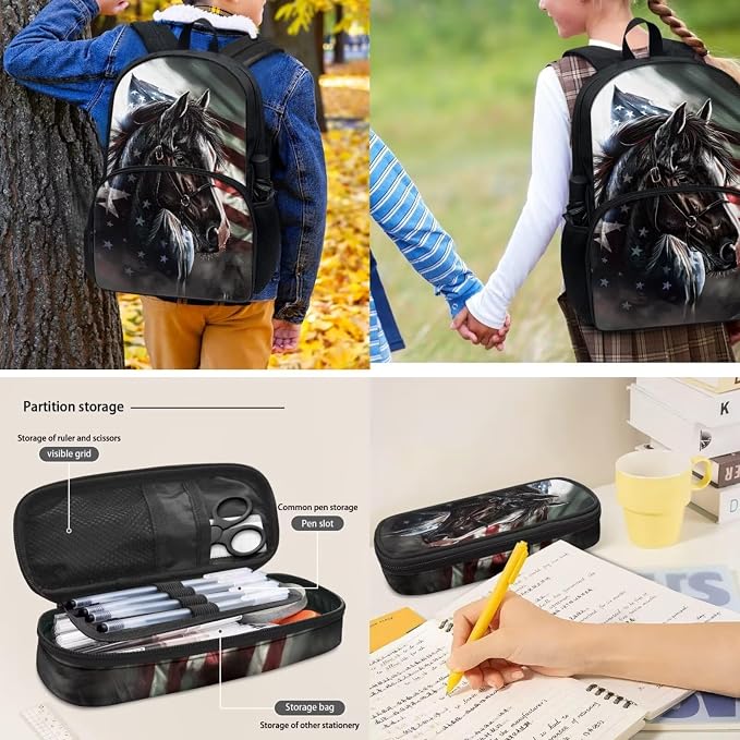 POLERO American Flag Horse Backpack with Lunch Box Teens Bookbag Schoolbag Set Kids Pencil Case Water Bottle Holder for Boys - Image 5