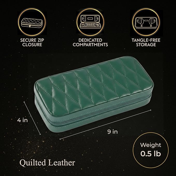 Bey-Berk Diamond-Quilted Leather Travel Jewelry Case, Green, 9" x 4" x 1.75" - Image 5