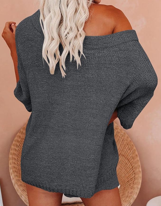 Ermonn Womens 2 Piece Outfits Sweater Sets Off Shoulder Knit Tops Waist Short Suits Casual Pajama Set - Image 3