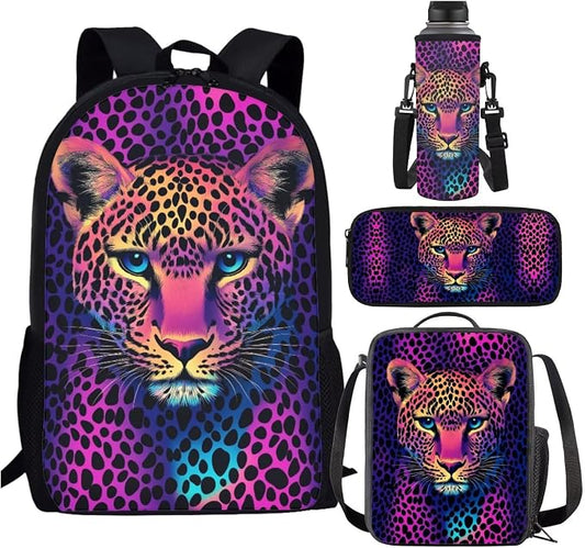 Cheetah Backpack for School Girls 2nd Grade with Lunch Box Leopard Print Elementary School Bookbag Lunch Bag Set Rainbow Book Bags Lunchbox Pencil Case Water Bottle Holder Kids Back Pack by SCRAWLGODDreamWardrobe