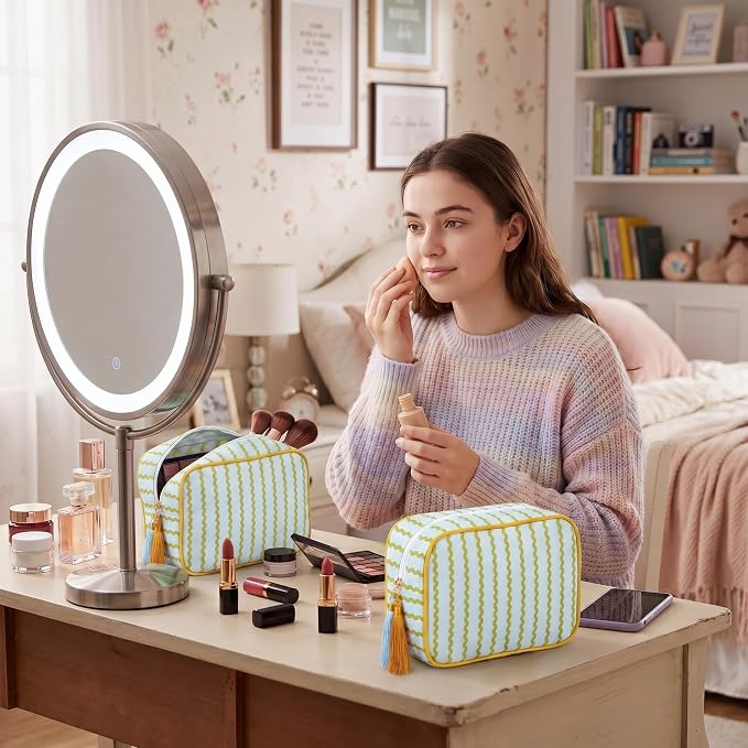 Kacctyen 6 Pack Mustard Yellow and Sage Green Striped Makeup Bag bulk with Tassel Travel Cosmetic Pouch Organizer Large Zipper Toiletry Case for Women Aesthetic Storage Pouch Mahjong Tile Bag - Image 6