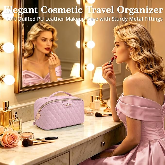 Travel Makeup Bags Cosmetic Organizer: 3Pcs Set Puffy Make up Bag for Women | Pink Premium Quilted ELEGANCE Design | Large Capacity Leather Toiletry Bags | Wide Open Compact Case for Travel Essentials - Image 3
