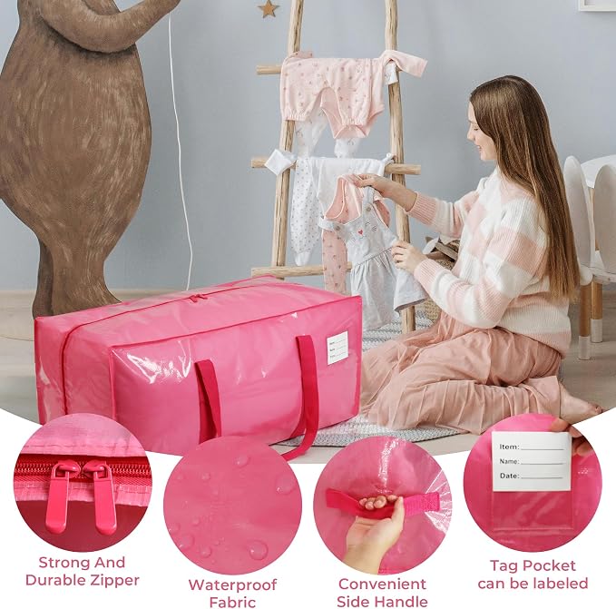 VTSVTS 2 Pack Extra Heavy Duty Large Moving Bags with Comfortable Handle & Strong Zipper,Storage Totes for Space Saving Moving Storage College Supplies Alternative to Moving Box,Pink - Image 2