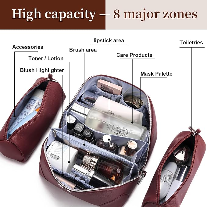 BOYATU Travel Makeup Bag Cosmetic Bags for Women: 3 Pcs Set Large Capacity Make up Bag with Handle - Waterproof Vegan Leather Toiletry Bags Travel Essentials with Compartments(C-5-Red) - Image 5