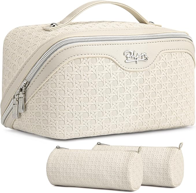 BOYATU Travel Makeup Bag Cosmetic Bags for Women: Large Capacity 3 Pcs Set Make up Bag with Compartments - Waterproof Vegan Leather Toiletry Organizer Bags with Handle (M-72Off-white) by BOYATU