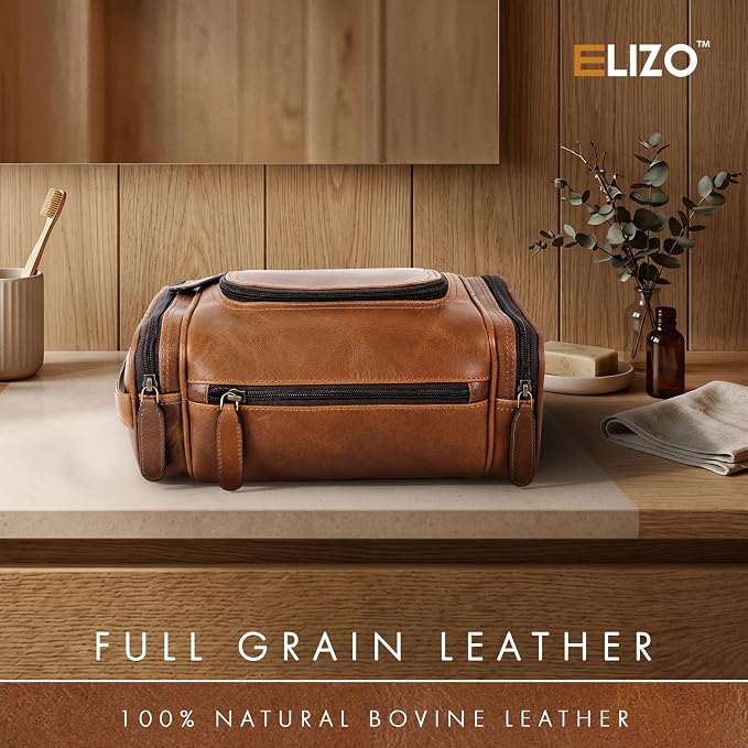 ELIZO Real Leather Toiletry Bag for Men - Large Hanging Travel Organizer for Toiletries, Ideal for Dopp Kit & Shaving Kit for Men, Essential Mens Travel Toiletry Bag for Toiletries (Cognac) - Image 4