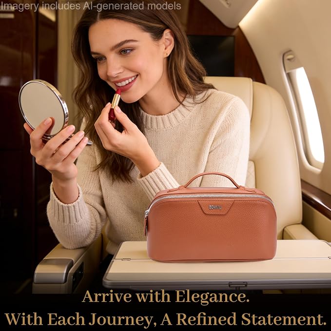BOYATU Genuine Leather Travel Makeup Bag: Large Capacity 3 Pcs Set Cosmetic Bags for Women - Designer Waterproof Hand-made for Toiletry Organizer - Ladies Travel Essentials for Elegance (01Brown) - Image 3