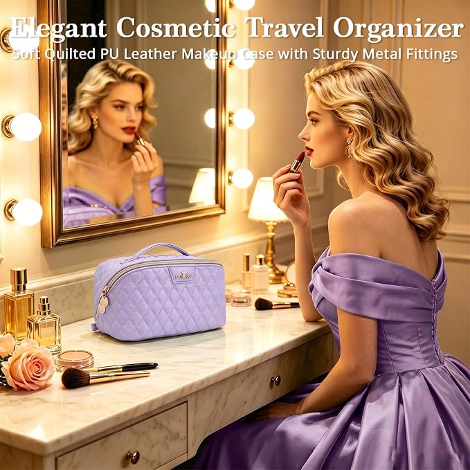 Travel Makeup Bags Cosmetic Organizer: 3Pcs Set Puffy Make up Bag for Women | Purple Premium Quilted ELEGANCE Design | Large Capacity Leather Toiletry Bags | Wide Open Compact Case for Travel Essentials - Image 3