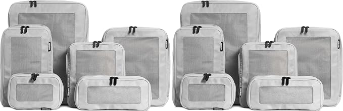 Aerotrunk Compression Packing Cubes for Travel - Luggage Organizer Bags - Double Zipper Packing Cubes for Suitcases (12-Pack, Light Grey) by Aerotrunk
