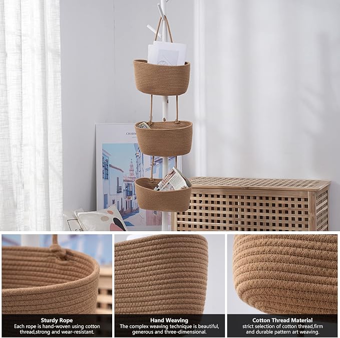 3-Tier Over the Door Hanging Basket, Wall Mount Hanging Storage Organiser Bag, Cotton Rope Woven Storage Solution with Hook, Decorative Hanging Baskets for Bedroom, Living Room, Bathroom, Nursery (B) - Image 9