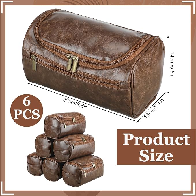 Aliceset 6 Pcs Groomsmen Gift Groomsmen Toiletry Bags Set of 6 Leather Toiletry Bag for Men with Hook Leather Wedding Proposal Bag with Side Handle Father Gift(Dark Brown) - Image 2