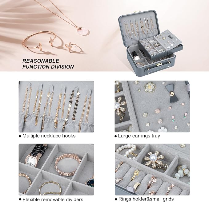 Travel Jewelry Case Large, Jewelry Box Large Jewelry Travel Organizer Jewelry Case with Handle, Best Gift for women Girls, Grey - Image 4