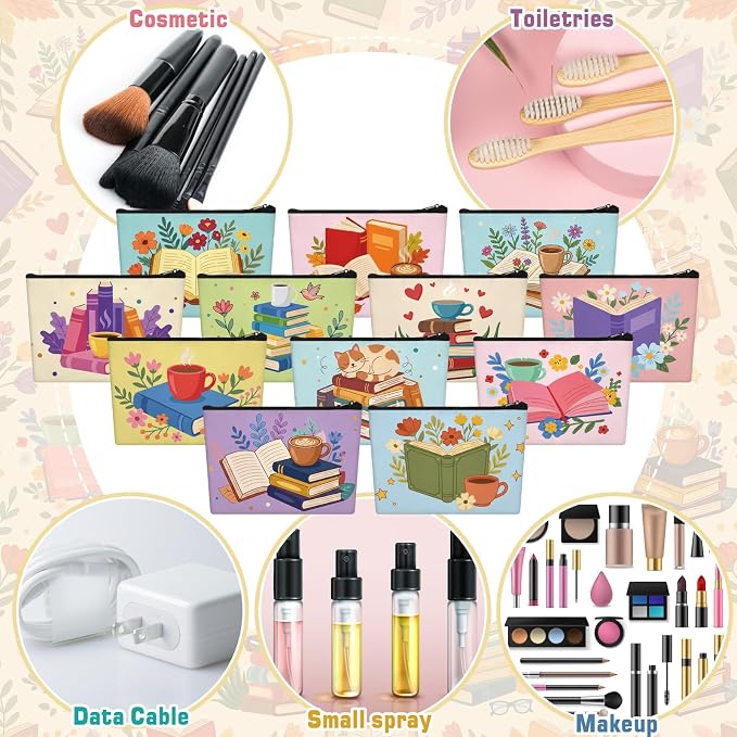 Sweetude 12 Pcs Book Club Gifts Book Makeup Bag Bulk Back to School Travel Cosmetic Bag with Zipper Bookish Waterproof Roomy Travel Toiletry Organizer Storage Beauty Pouch for Women Books Lover Gifts - Image 4