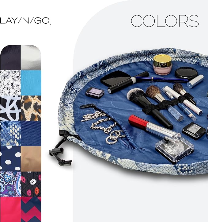 Lay-n-Go Cosmo Drawstring Cosmetic & Makeup Bag Organizer - Portable Drawstring Makeup Bag w/Zipper Pocket, Makeup Loops & More - Durable, Machine Washable Toiletry Bag (20", Blue Snakeskin) - Image 6