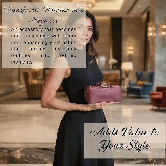 VENOULT Makeup Bag, Spacious Cosmetic Case for Women, Portable 180° Wide-Open Flat Cosmetic Bag, Travel Toiletry Organizer with Handle, Hanmdade, Full Grain Genuine Turkish Leather (Maroon) - Image 9