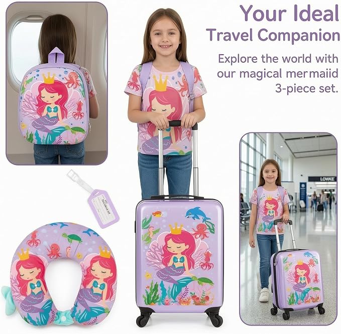 Sanwuta 4 Pcs Kids Luggage Set Back to School Gifts for Girls Boys Carry On Rolling Suitcase Backpack Neck Pillow Travel Set(20 Inch,Mermaid Style,Purple) - Image 4