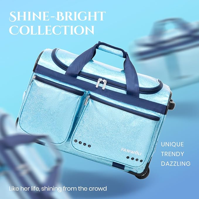 Fanwoli 23" Dance Bag with Garment Rack | Glittering Waterproof Fabric | Shine-Bright Collection | Ideal Competition Rolling Duffle Bag for Dancer Cheerleader Little Princess | Sparkle Blue - Image 2