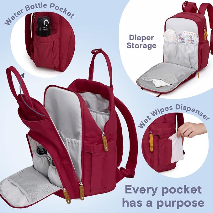RUVALINO Diaper Bag Backpack, Multifunction Travel Pack Maternity Baby Changing Bags, Large Capacity, Waterproof, Purplish Red - Image 3