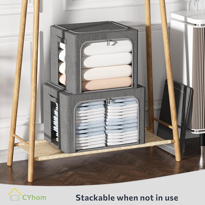 CYhom Extra Large Clothes Storage Bins - Linen Fabric Foldable Stackable Container Organizer Set with Clear Window & Carry Handles & Metal Frame (Dark Gray, Extra Large-100L) - Image 6