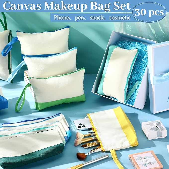 Silkfly 30 Pcs Cotton Canvas Makeup Bags Cosmetic Zipper Bags 10.2 x 5.5 x 2'' Blank DIY Pouch Bulk Pencil Case with Bottom Travel Toiletry Pouch for Women Craft Decor Gift (Blue,Green) - Image 4