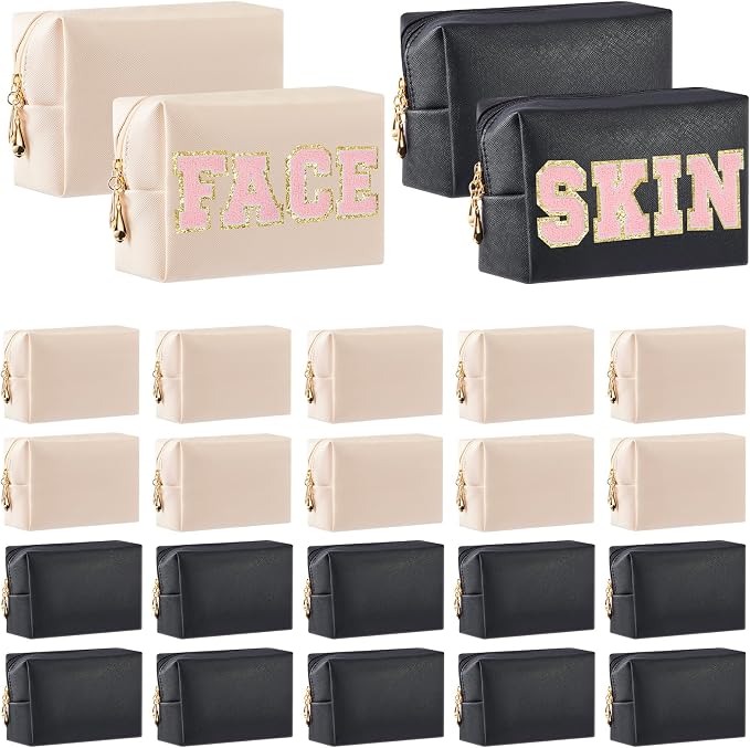 24 Pcs Preppy Makeup Bag PU Leather Cosmetic Bag with Zipper Plain Cosmetic Pouch Waterproof Toiletry Makeup Pouch for Women Bridal Shower Favors Traveling Organizer(Ivory White, Black) by Cunno