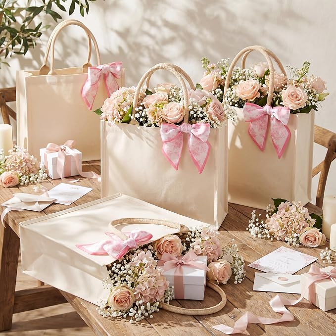 Glenmal 6 Pcs Burlap Bride Wedding Tote Bag Large Burlap Jute Tote Wedding Gift 14.2 x 12.6 x 6.3 Inch Waterproof Reusable Grocery Bag with Pink Floral Ribbon for Bridesmaid Gift Beach Pool Travel - Image 2