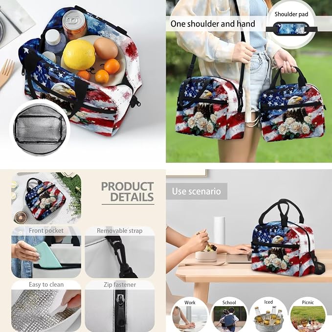 American Flag Eagle Flower School Bookbag with Lunch Bag Pencil Case 3 PCS Set Lightweight Preschool Elementary Backpack Shoulder Bag Organizer Daypack Rucksack for Teen - Image 3