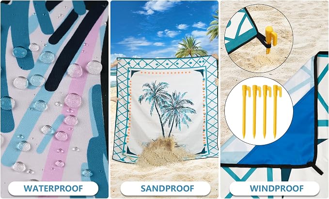HIHOHO Beach Blanket Waterproof Sandproof Beach Mat 79”x 83” for 1-8 Adults Quick Drying Durable Outdoor Picnic Mat for Beach Festival Travel Camping Hiking (Flower Cocotree, 79"×83"(4 Person)) - Image 4