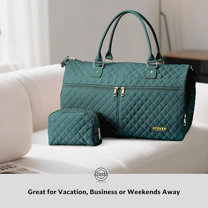 STOVER Women’s Convertible Garment Duffel Bag for Travel – 2-in-1 Carry-On Weekender/Overnight Tote - Wrinkle-Free Dresses, Suits & Clothes + Shoe Compartment & Bonus Toiletry Bag (Emerald Green) - Image 9