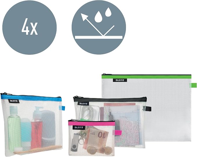 Leitz Set of 4 Leitz Wow Travel Pouches, Water Resistant, Translucent, Ideal for Visible Storage and Organisation, Sizes: Small (A6), Medium (A5), Large (A4) and Cosmetic - Assorted Colours 40160099 - Image 2