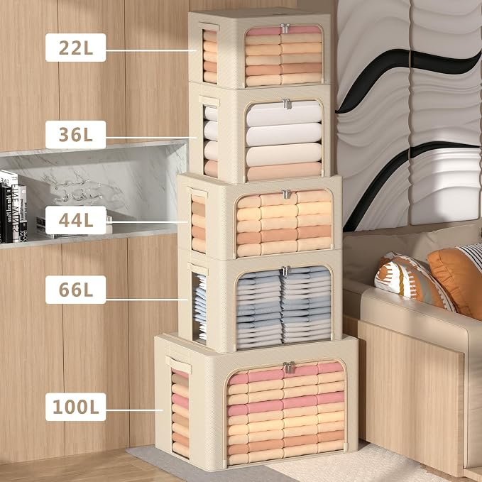 CYhom 3Pack Frame Storage Box - Clothes Storage Bin Bags Oxford Fabric Foldable Stackable Container Organizer Set with Clear Window & Carry Handles (Beige, X-Small-36L) - Image 3