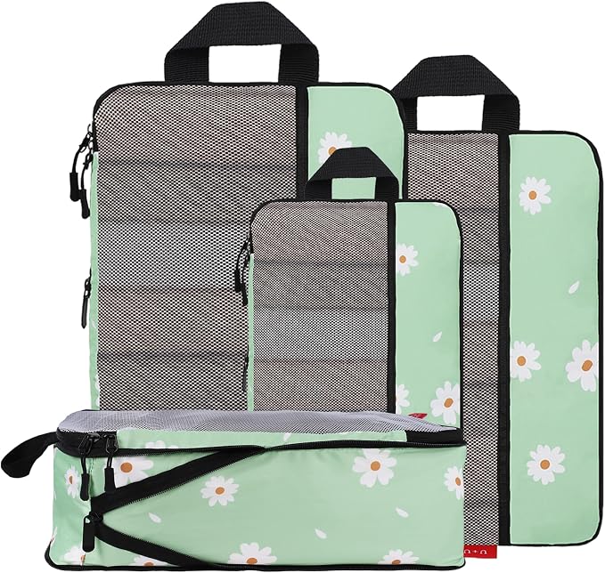 U+U 4 Set Compression Packing Cubes - Ultralight Travel Organizers, Space-Saving Suitcase Organizer, Expandable Packing Cubes for Travel, Business Trip and Family Vacation (Daisy) by UU