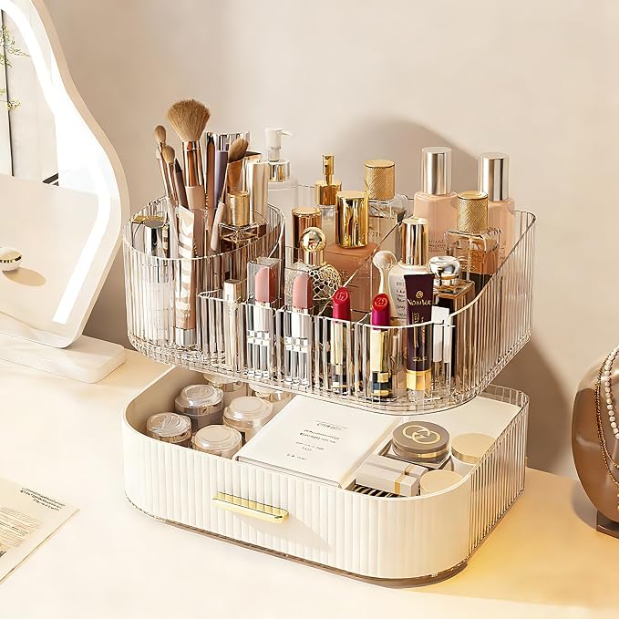 Makeup Organizer with 360° Rotating Brush Holder and Stackable Drawers, Cosmetic Display Case for Vanity, Bathroom Countertop (White, 2 Layer) - Image 4