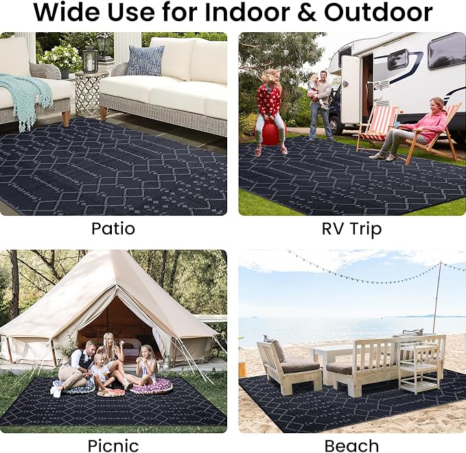 Smiry Outdoor Rug 6x9 ft, Waterproof Reversible Plastic Straw Rugs, Boho Outdoor Area Rug, Outside Floor Mat for Patio, Backyard, Deck, Picnic, Beach, Camping, Dark Grey - Image 8