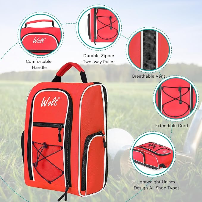 Wolt Golf Shoe Bag - Sports & Travel Shoes Carrier Bags with Ventilation & Double Outside Accessory Pocket for Socks, Tees, Golf Balls, Etc. for Women and Men (Red) - Image 3
