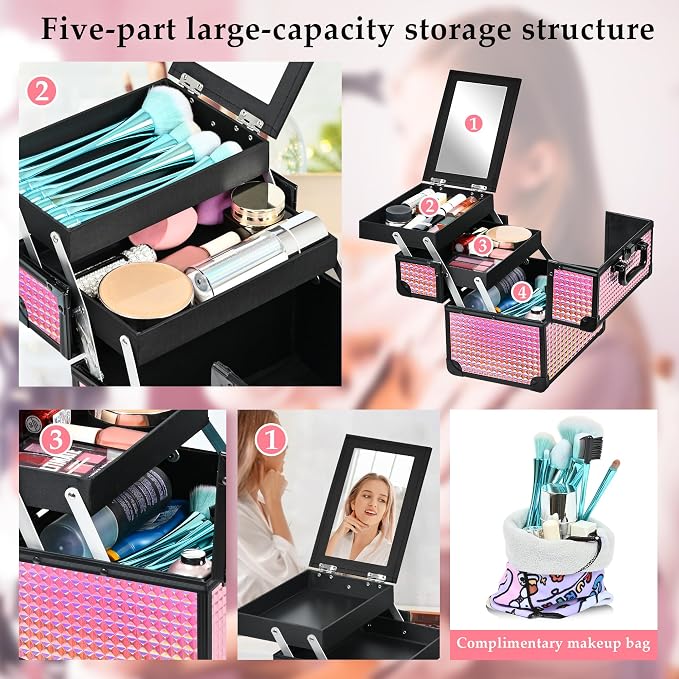 Makeup Case Organizer,Makeup Train Case, Trays Cosmetic Box Portable, Profesional for Salon Barber,Black Bright Pink - Image 4