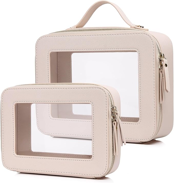 Pinkmik Clear Makeup Bag for Women Waterproof Travel Cosmetics and Toiletries Case Portable Makeup Oaganizer Bag Clear Car Bag with Zipper (Beige, M+L) by Pinkmik