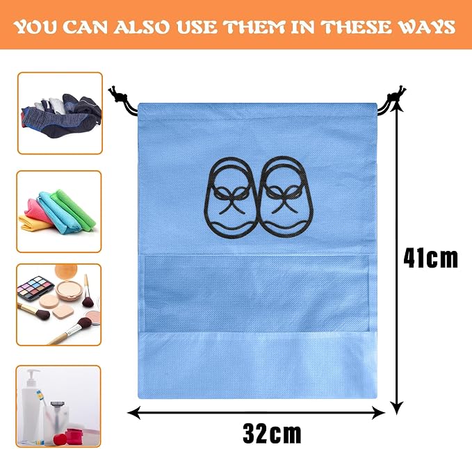 Kuber Industries Shoe Cover | Travel Shoe Storage Bags | Non-Woven Storage Bag | Shoe Cover with Drawstring | Shoe Organizer with Clear window | Plain | Pack of 24 | Sky Blue - Image 3