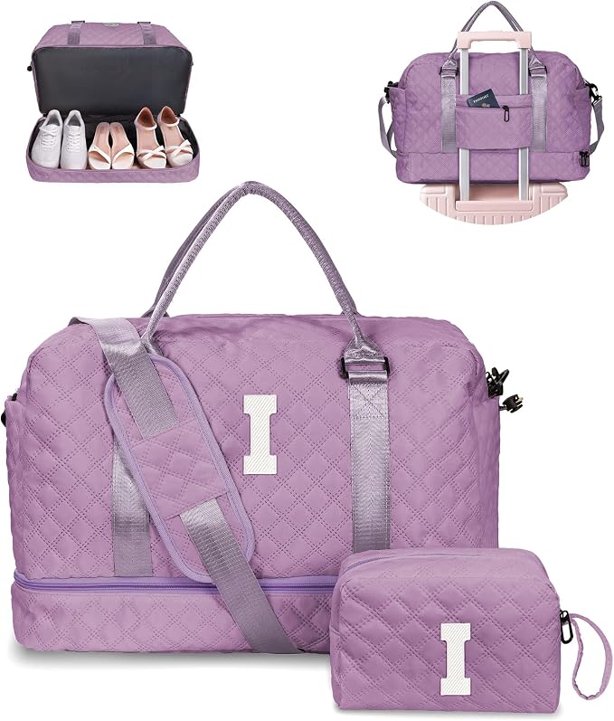 Gifts for Friends-Initial Duffle Bag with Shoe Compartment, Personalized Weekender Bag, Monogram Overnight Bag, Travel Bag with Makeup Bag，Birthday Gifts Bag for Daughter Sister (Letter I) by Vogewood