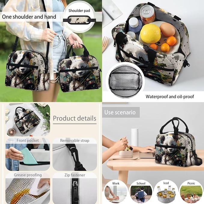 4PCS Kids Watercolor Panda Black Travel Bookbag Backpack Lunch Bag Shoulder Crossbody Handbags with Thermal Insulated Pen Carrying Case Purse for Girls Boys Teenagers Hiking Daypack - Image 6