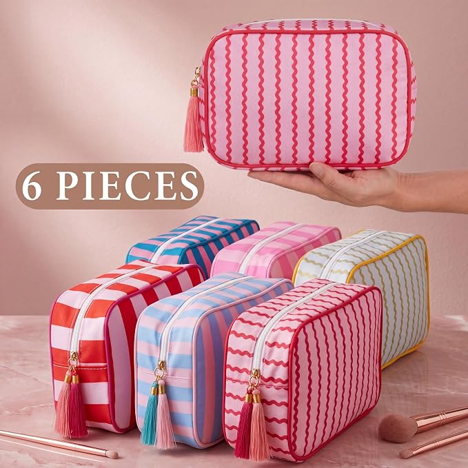 Kacctyen 6 Pack Mixed Color Striped Makeup Bag bulk with Tassel Travel Cosmetic Pouch Organizer Large Zipper Toiletry Case for Women Aesthetic Storage Pouch Mahjong Tile Bag - Image 3