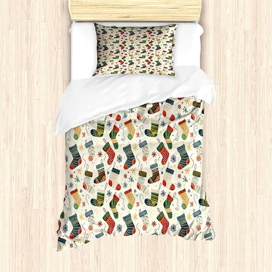 Ambesonne Christmas Duvet Cover Set, Whimsical Colorful Xmas Stockings Falling Snowflakes Illustration, Decorative 2 Piece Bedding Set with 1 Pillow Sham, Twin Size, Dark Coral Teal Blue Grey by Ambesonne