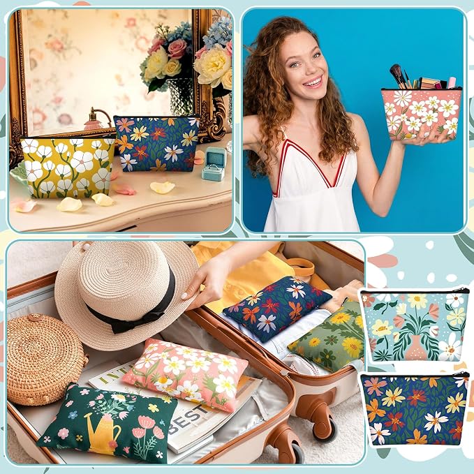 Sweetude 12 Pcs Colorful Flower Makeup Bags Bulk Portable Travel Cosmetic Bags with Zipper Watercolor Floral Waterproof Roomy Travel Toiletry Organizer Storage Pouch for Women Gifts - Image 3