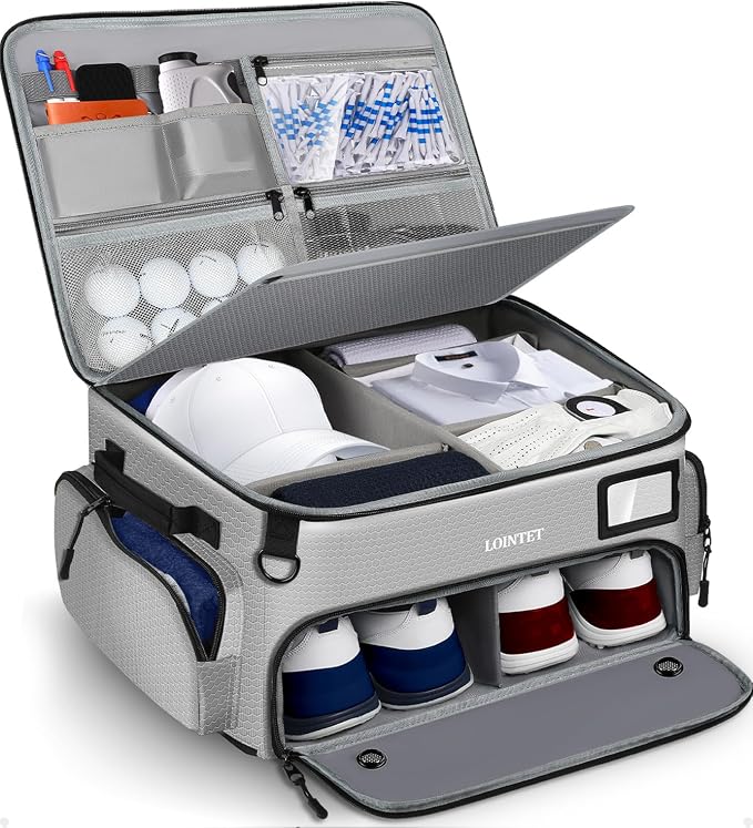 LOINTET Golf Trunk Organizer, Waterproof Car Golf Locker with Separate Ventilated Compartment for 2 Pair Shoes, Golf Storage for Balls, Tees, Cap, Clothes, Gloves, Accessories, Gifts for Men, Women by LOINTET