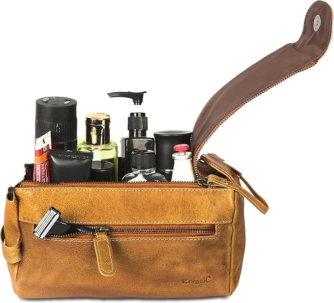 KomalC Premium Buffalo Leather Toiletry Bag for Men & Women With Water resistant Lining, Grooming Travel Pouch, Unisex Wash Bag for Toiletries, Gifts for Men and Women - Image 5
