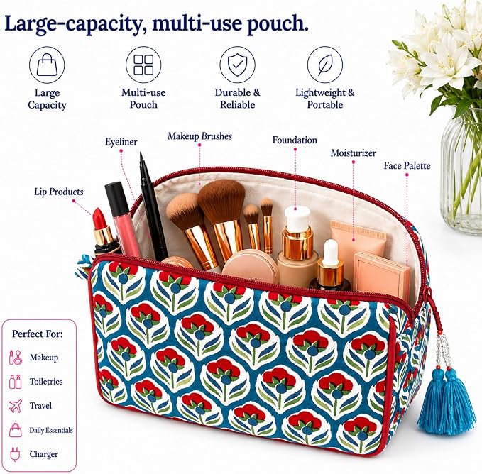 Huar Travel Makeup Bag- Large Capacity Cosmetic Bags for Women - Water Resistance Lining Portable Pouch & Open Toiletry Bag - Perfect Girls Makeup Organizer for Travel Essentials (White & Red Floral) - Image 2