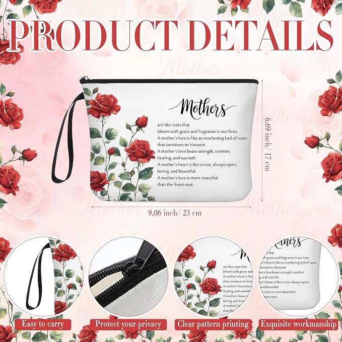 Kacctyen 10 Sets Mother's Day Gifts Bulk for Women Mom Makeup Bag Red Rose Inspirational Compact Mirror Cosmetic Bag with Zipper and Handle Pocket Mirror Toiletry Pouch for Women Mom Birthday Gift - Image 2