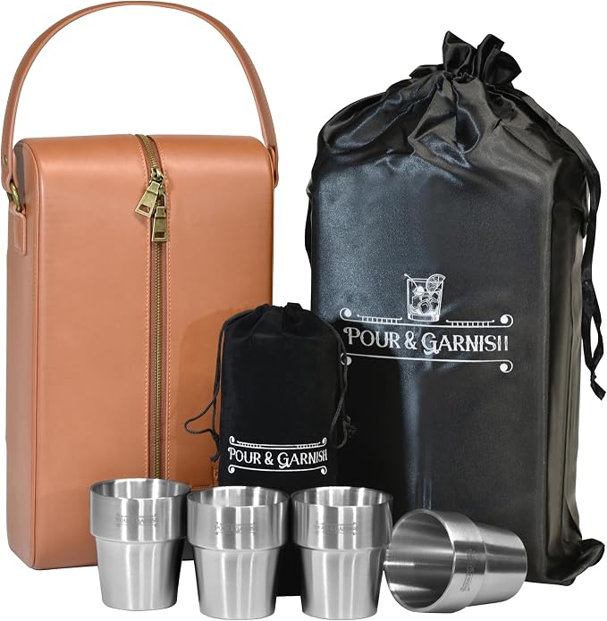 POUR & GARNISH Bourbon Whiskey & Wine Double Bottle Travel Bag with 4 Stainless Steel Double-Walled Vacuum Insulated Glasses - Makes a Great Gift! - Image 2
